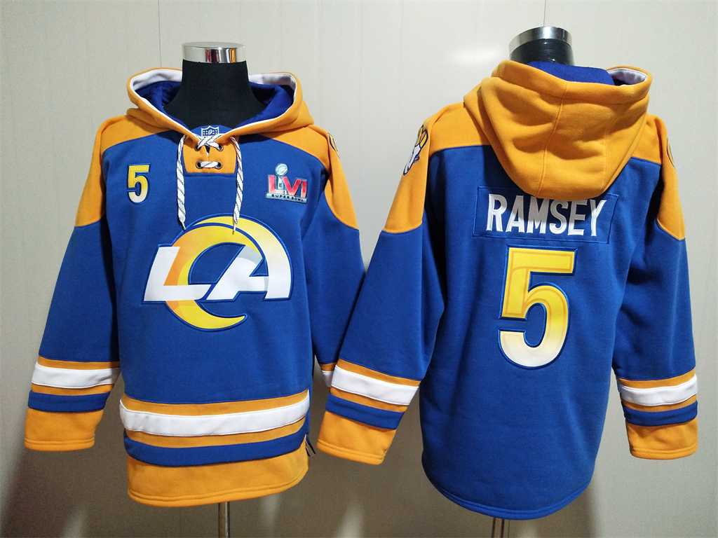 Rams 5 Jalen Ramsey Royal Super Bowl LVI All Stitched Sweatshirt Hoodie,We sell and wholesale Rams 5 Jalen Ramsey Royal Super Bowl LVI All Stitched Sweatshirt Hoodie on line form chian!